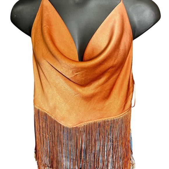 beaute Tops - NWT Festival Fringe Halter Top – Copper Satin | Baecay Beaute L